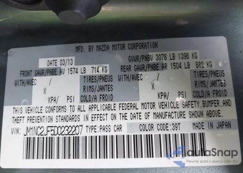 2013 Mazda Mx-5 Miata Sport z USA, uszkodzony, nr VIN JM1NC2JF5D0232207